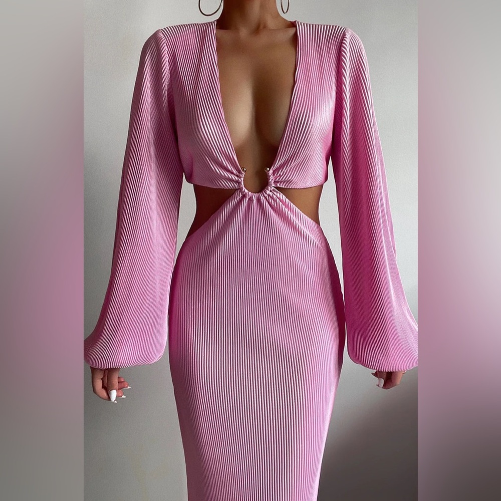 Pink Ribbed Bodycon Dress with Plunge Neckline